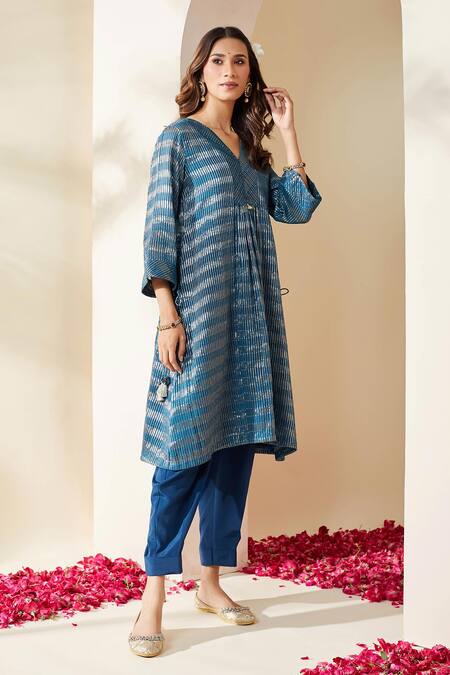 Buy_Mushio_Blue Chanderi, Crepe Zari Stripe Embellished Pranita Kurta And Pant Set _Online_at_Aza_Fashions