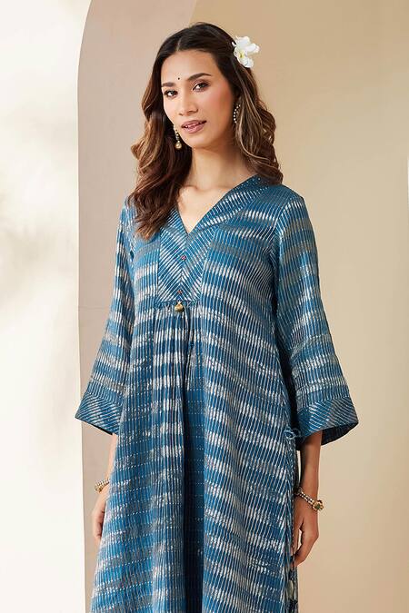 Shop_Mushio_Blue Chanderi, Crepe Zari Stripe Embellished Pranita Kurta And Pant Set _Online_at_Aza_Fashions