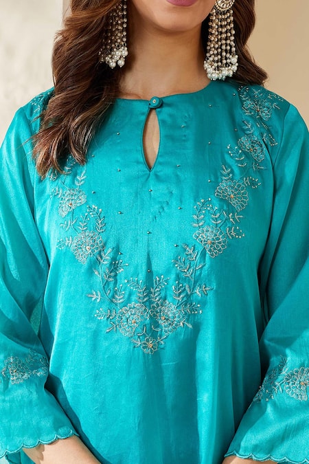 Shop_Mushio_Blue Chanderi, Cotton, Silk Turquoise Organza Ruksaar Kurta And Pant Set _Online_at_Aza_Fashions