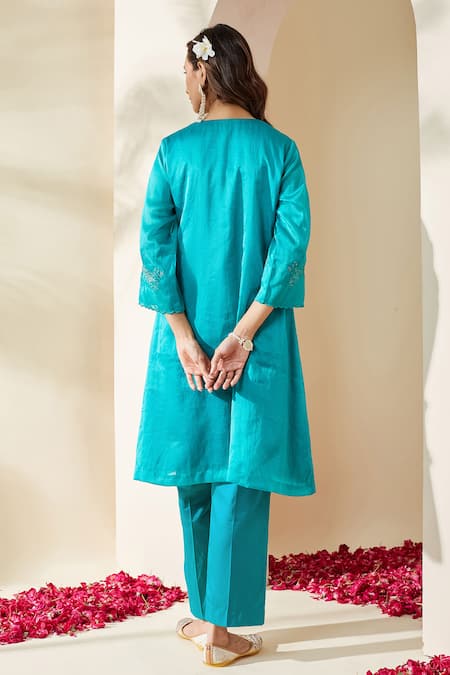 Mushio Turquoise Embroidered Organza Ruksaar Kurta & Pant Set 