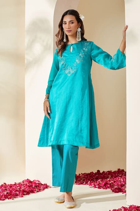 Mushio_Blue Chanderi, Cotton, Silk Turquoise Organza Ruksaar Kurta And Pant Set _at_Aza_Fashions