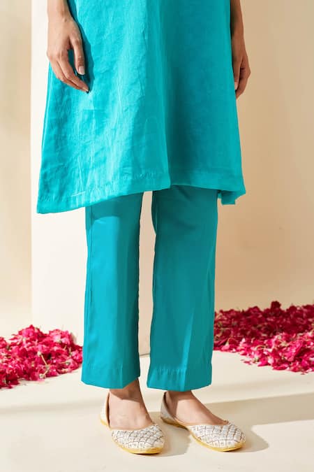Buy_Mushio_Blue Chanderi, Cotton, Silk Turquoise Organza Ruksaar Kurta And Pant Set 