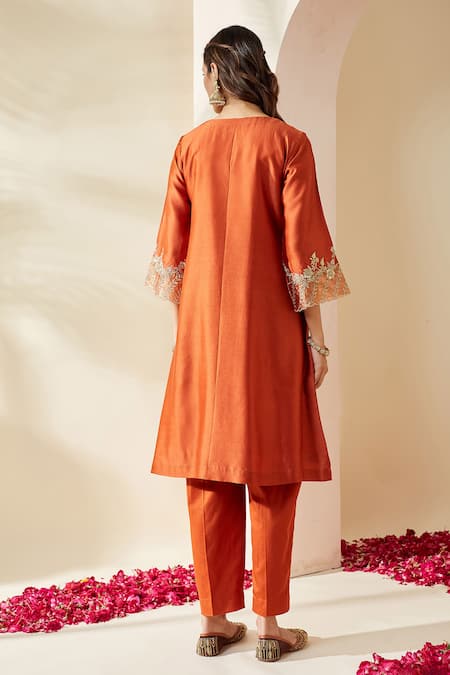 Mushio Orange Embroidered Chanderi Svara Kurta & Pant Set 