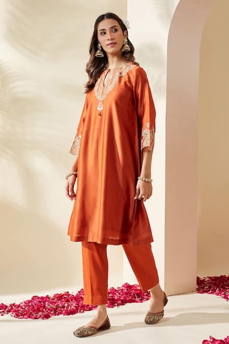 Mushio_Orange Chanderi, Cotton, Silk Embroidery Keyhole Neck Svara Kurta And Pant Set _Online_at_Aza_Fashions