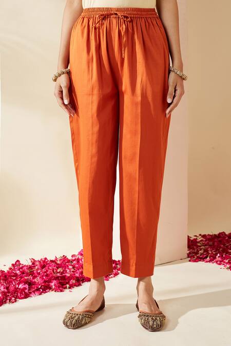 Buy_Mushio_Orange Chanderi, Cotton, Silk Embroidery Keyhole Neck Svara Kurta And Pant Set _Online_at_Aza_Fashions