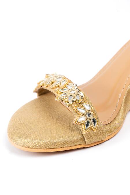 Buy_Preet Kaur_Gold Embroidery, Mirrors, Stones Zariyah Hand Wedges _Online_at_Aza_Fashions