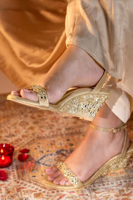 Shop_Preet Kaur_Gold Embroidery, Mirrors, Stones Zariyah Hand Wedges _Online_at_Aza_Fashions