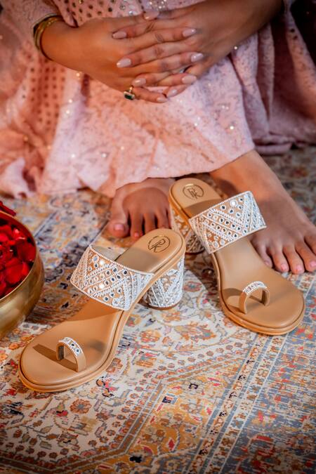 Preet Kaur_Cream Mirrors, Beads Safaa Embroidered Block Heels _Online_at_Aza_Fashions