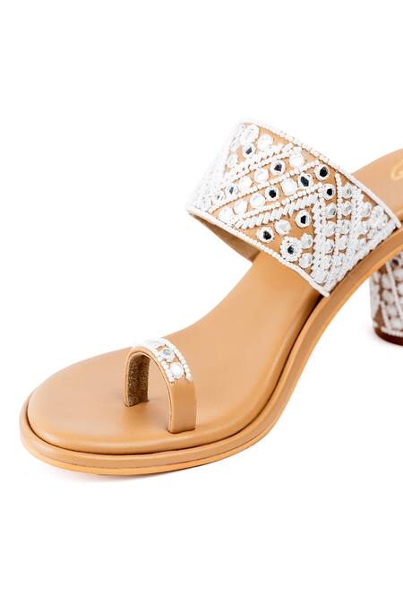 Buy_Preet Kaur_Cream Mirrors, Beads Safaa Embroidered Block Heels _Online_at_Aza_Fashions