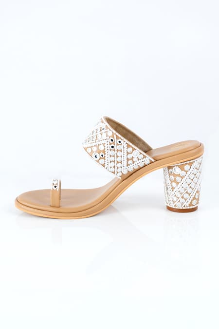 Shop_Preet Kaur_Cream Mirrors, Beads Safaa Embroidered Block Heels _Online_at_Aza_Fashions