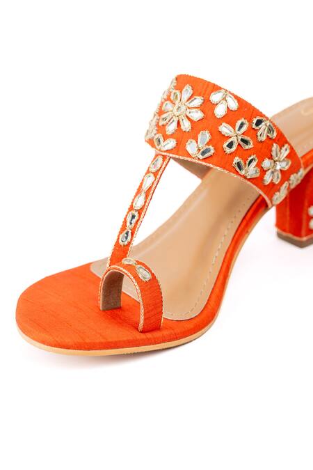 Buy_Preet Kaur_Orange Embroidery, Mirrors, Zari Ambar Sheesha Kolhapuri Heels _Online_at_Aza_Fashions
