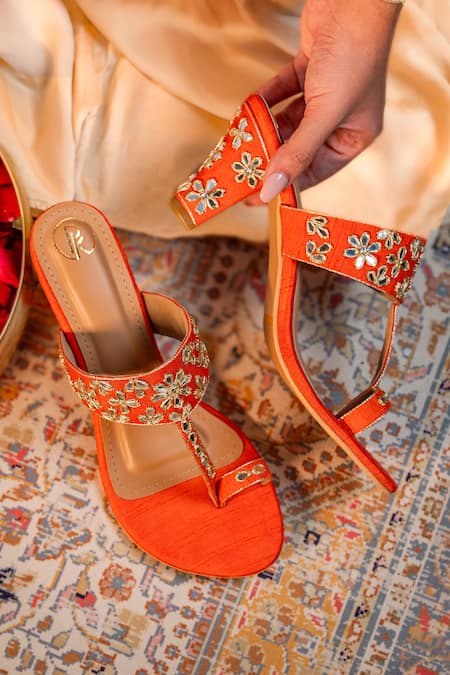 Shop_Preet Kaur_Orange Embroidery, Mirrors, Zari Ambar Sheesha Kolhapuri Heels _Online_at_Aza_Fashions