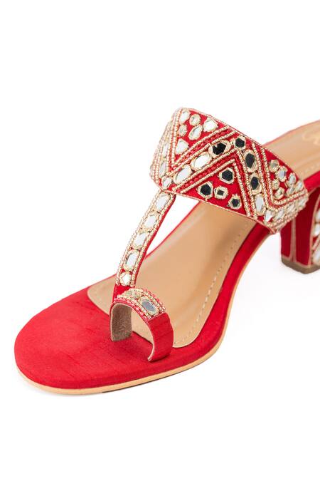 Buy_Preet Kaur_Red Mirrors, Embroidery Gulaal Kolhapuri Heels _Online_at_Aza_Fashions