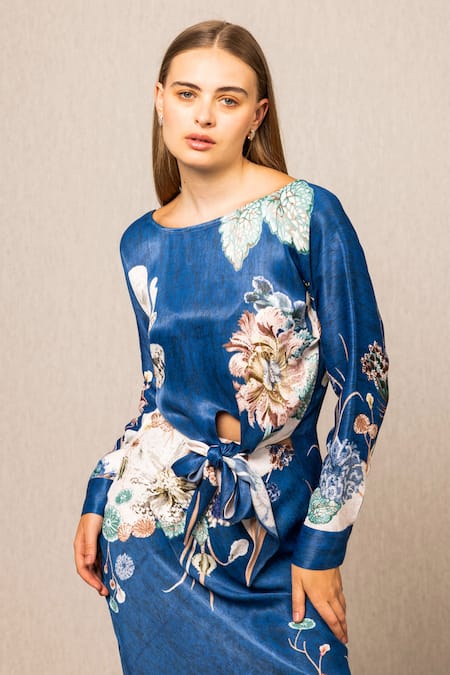 Buy RANNA GILL Blue Viscose, Satin Round Neck Valencia Front Tie Blouse And Skirt Set Online at Aza Fashions Buy_RANNA GILL_Blue Viscose, Satin Round Neck Valencia Front Tie Blouse And Skirt Set_Online_at_Aza_Fashions