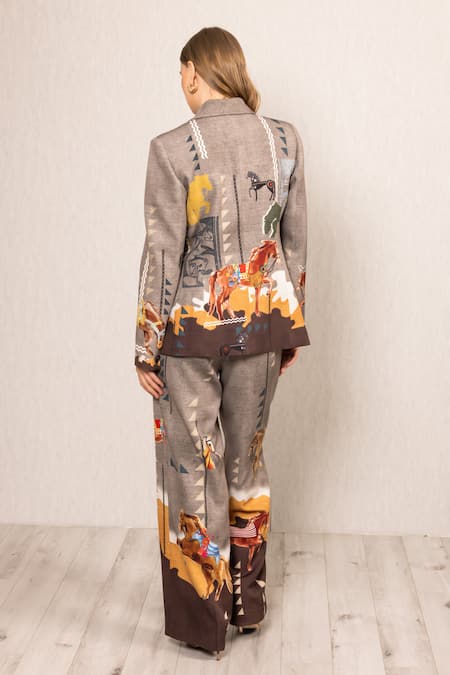 Shop_RANNA GILL_Brown Crepe V-neck Clyde Irish Horse Artwork Printed Jacket_at_Aza_Fashions