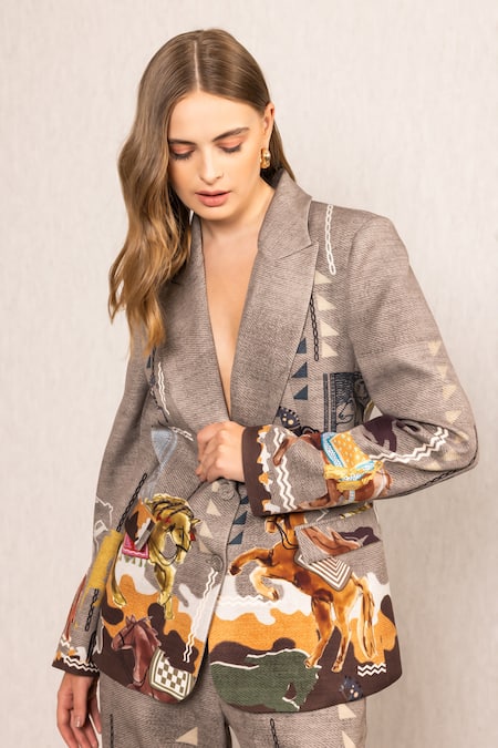 RANNA GILL_Brown Crepe V-neck Clyde Irish Horse Artwork Printed Jacket_at_Aza_Fashions