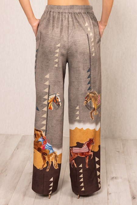 Shop_RANNA GILL_Brown Crepe Prance High Waisted Pant_at_Aza_Fashions