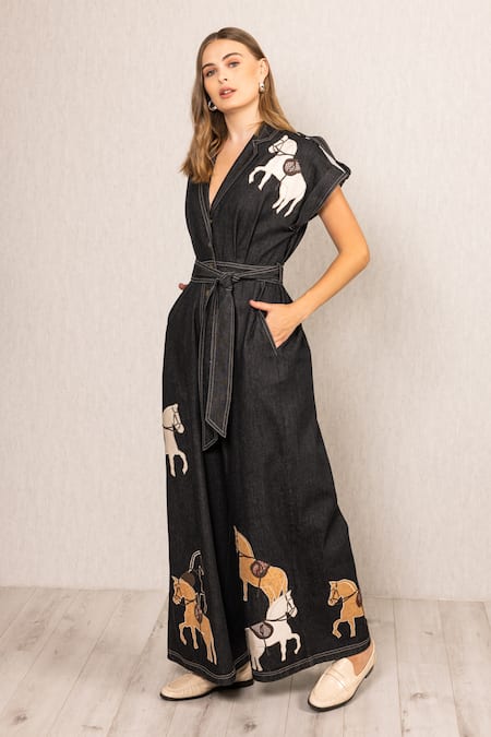 RANNA GILL_Black Denim Applique, Embroidery Collared, V-neck Phoenix Jumpsuit_Online_at_Aza_Fashions