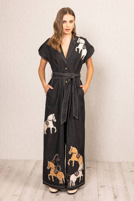Buy_RANNA GILL_Black Denim Applique, Embroidery Collared, V-neck Phoenix Jumpsuit_Online_at_Aza_Fashions