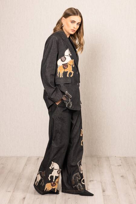 RANNA GILL Black Denim Applique, Embroidery V-neck Nimbus Oversized Jacket Online at Aza Fashions RANNA GILL_Black Denim Applique, Embroidery V-neck Nimbus Oversized Jacket_Online_at_Aza_Fashions