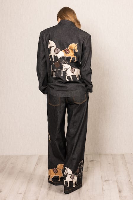 Shop RANNA GILL Black Denim Applique, Embroidery V-neck Nimbus Oversized Jacket at Aza Fashions Shop_RANNA GILL_Black Denim Applique, Embroidery V-neck Nimbus Oversized Jacket_at_Aza_Fashions