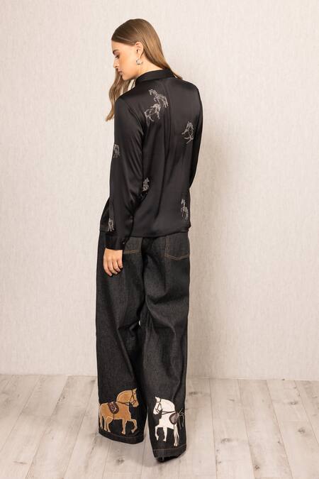 RANNA GILL_Black Georgette Crystals Collared Lyla Embellished Button Down Shirt_Online_at_Aza_Fashions