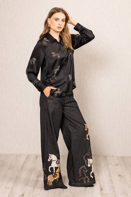 Buy_RANNA GILL_Black Georgette Crystals Collared Lyla Embellished Button Down Shirt_Online_at_Aza_Fashions