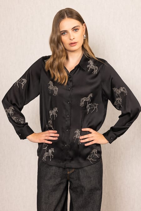 RANNA GILL_Black Georgette Crystals Collared Lyla Embellished Button Down Shirt_at_Aza_Fashions