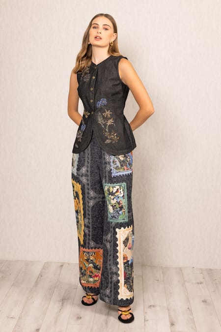 Buy_RANNA GILL_Black Denim Embroidery, Crystals V-neck Aster Sleeveless Waist Coat_Online_at_Aza_Fashions
