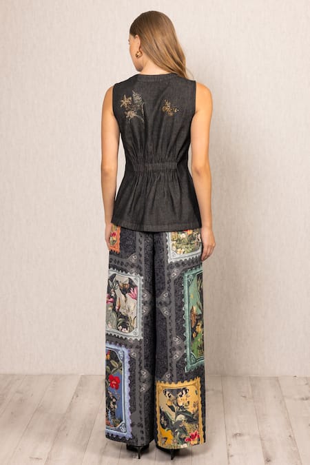 Shop_RANNA GILL_Black Denim Embroidery, Crystals V-neck Aster Sleeveless Waist Coat_Online_at_Aza_Fashions