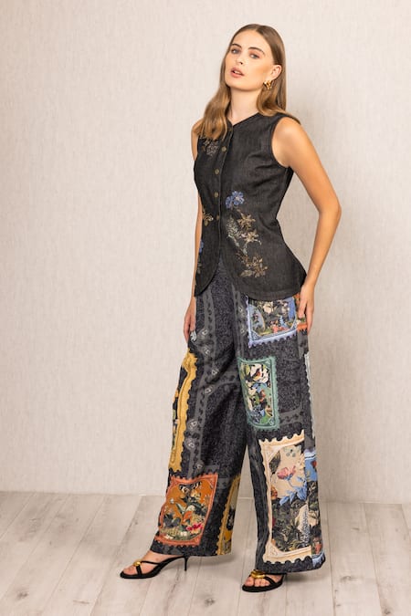 RANNA GILL_Black Denim Embroidery, Crystals V-neck Aster Sleeveless Waist Coat_at_Aza_Fashions
