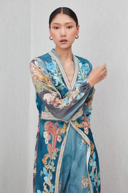 RANNA GILL_Blue Modal, Satin V-neck Aurela Wrap Jumpsuit_Online_at_Aza_Fashions