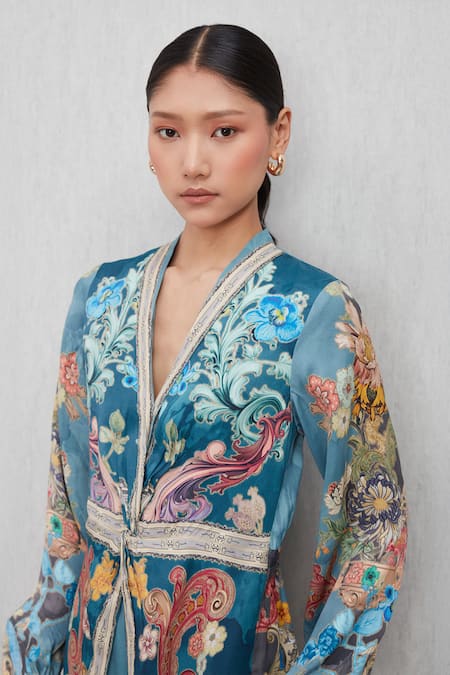 Buy_RANNA GILL_Blue Modal, Satin V-neck Aurela Wrap Jumpsuit_Online_at_Aza_Fashions