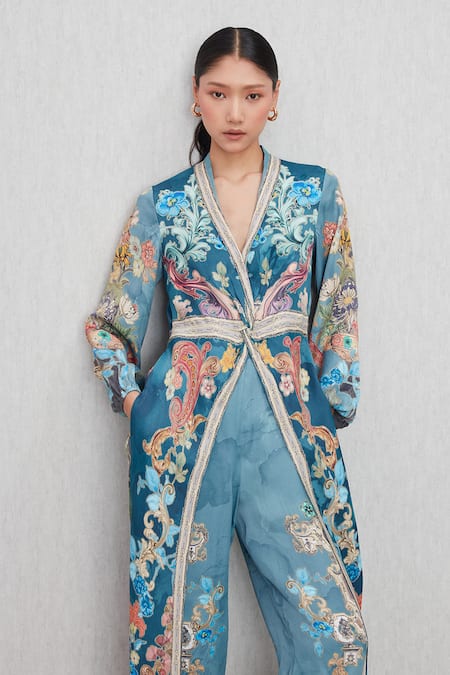 Shop_RANNA GILL_Blue Modal, Satin V-neck Aurela Wrap Jumpsuit_Online_at_Aza_Fashions