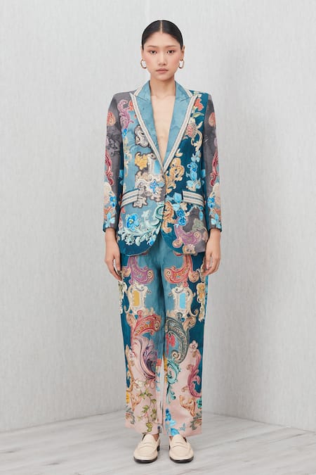 Buy_RANNA GILL_Blue Linen, Viscose V-neck Elaris Notch Collared Printed Jacket_Online_at_Aza_Fashions