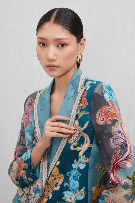 Shop_RANNA GILL_Blue Linen, Viscose V-neck Elaris Notch Collared Printed Jacket_Online_at_Aza_Fashions