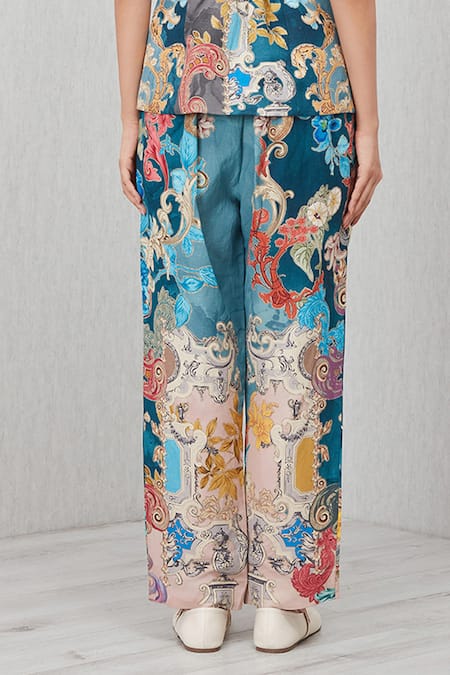 RANNA GILL_Blue Linen, Viscose Oranta Rara Printed Pant_Online_at_Aza_Fashions
