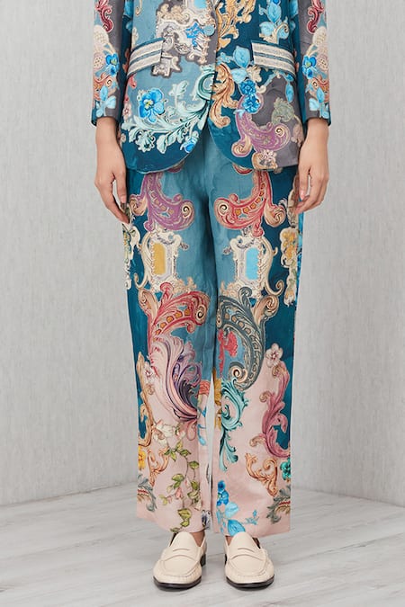 Shop_RANNA GILL_Blue Linen, Viscose Oranta Rara Printed Pant_Online_at_Aza_Fashions