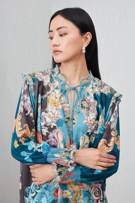 Buy_RANNA GILL_Teal Split V-neck Venari Tie Baroque Print Top_Online_at_Aza_Fashions