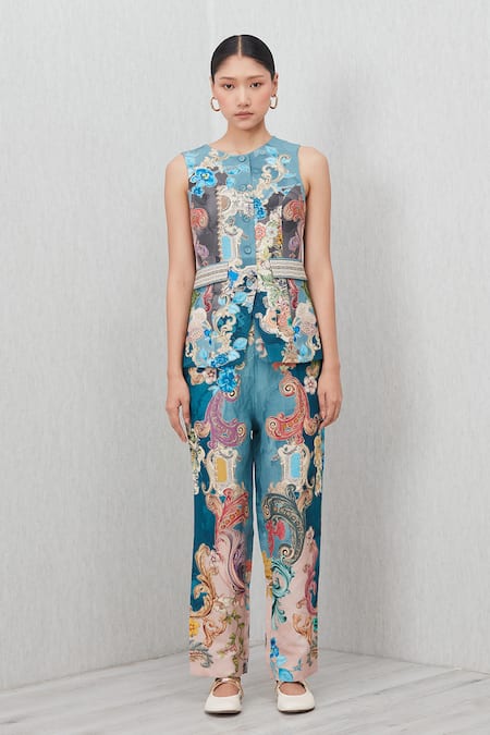RANNA GILL_Blue Linen, Viscose Applique Round Neck Soline Baroque Print Waistcoat_Online_at_Aza_Fashions