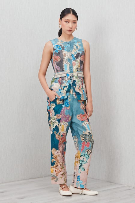 Buy_RANNA GILL_Blue Linen, Viscose Applique Round Neck Soline Baroque Print Waistcoat_Online_at_Aza_Fashions