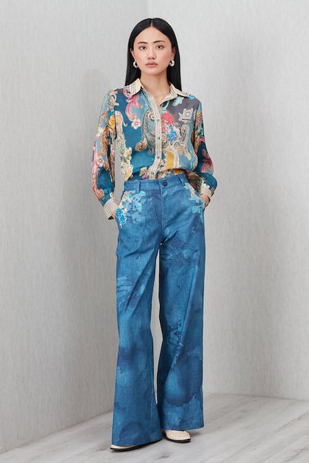 RANNA GILL_Multi Color Modal, Satin Embroidery Collared Dorelle Baroque Print Shirt_Online_at_Aza_Fashions