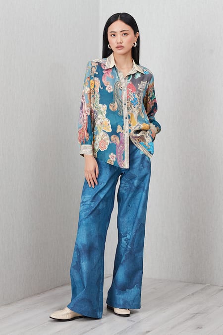 Buy_RANNA GILL_Multi Color Modal, Satin Embroidery Collared Dorelle Baroque Print Shirt_Online_at_Aza_Fashions