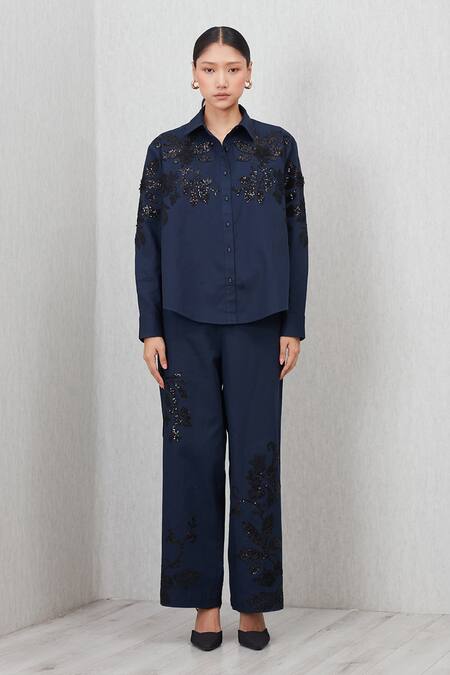 RANNA GILL_Navy Applique, Embroidery, Sequins Collared Aster Button Down Shirt_Online_at_Aza_Fashions