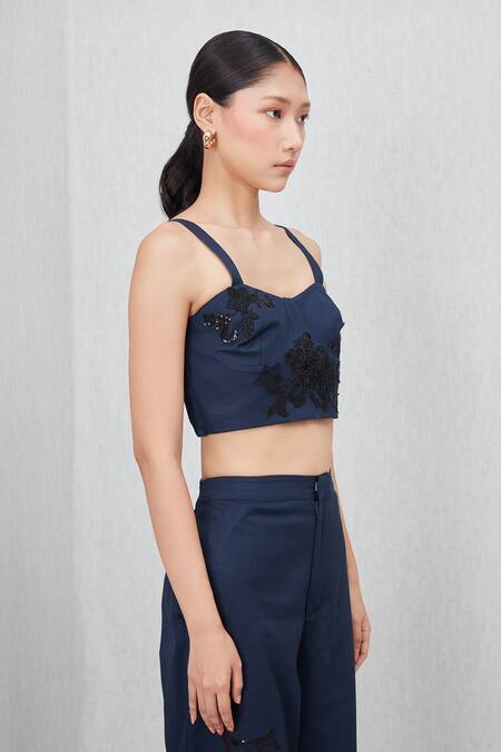 RANNA GILL_Navy Cotton, Twill Applique, Embroidery, Sequins Sweetheart Neck Tammie Bustier_Online_at_Aza_Fashions