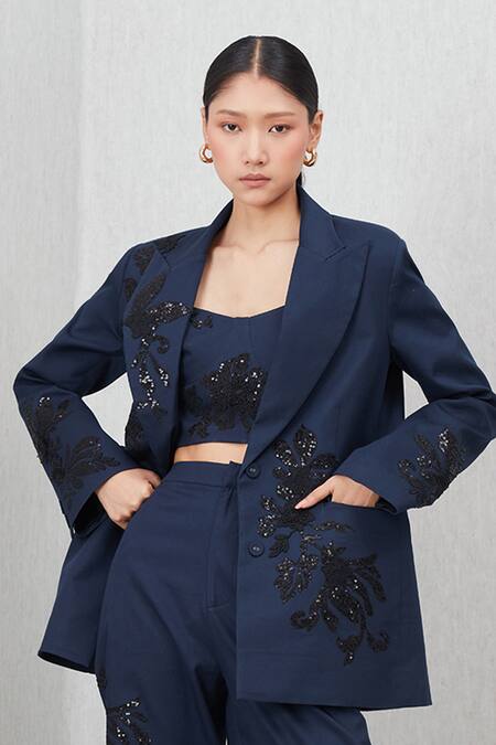 RANNA GILL_Navy Applique, Sequins V-neck Amara Oversized Embroidered Jacket_Online_at_Aza_Fashions
