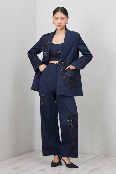 Buy_RANNA GILL_Navy Applique, Sequins V-neck Amara Oversized Embroidered Jacket_Online_at_Aza_Fashions