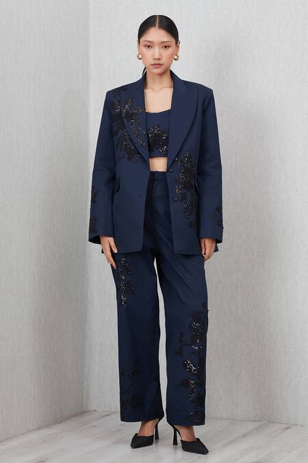 Shop_RANNA GILL_Navy Applique, Sequins V-neck Amara Oversized Embroidered Jacket_Online_at_Aza_Fashions