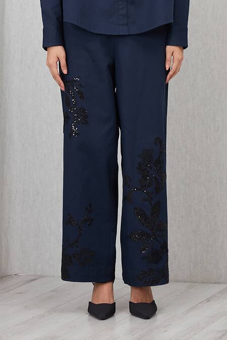 RANNA GILL_Navy Applique, Sequins Tara High Waisted Embroidered Pant_Online_at_Aza_Fashions