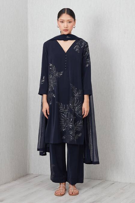 Shop_RANNA GILL_Navy Crinkle Embroidery, Sequins V-neck Tara Kurta Set_Online_at_Aza_Fashions